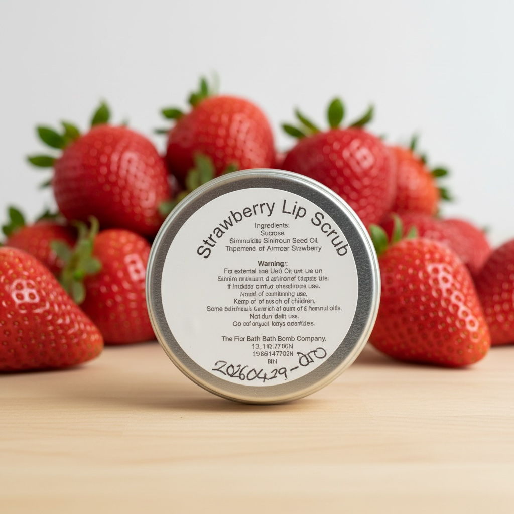 A tin of lip scrub with a strawberries background