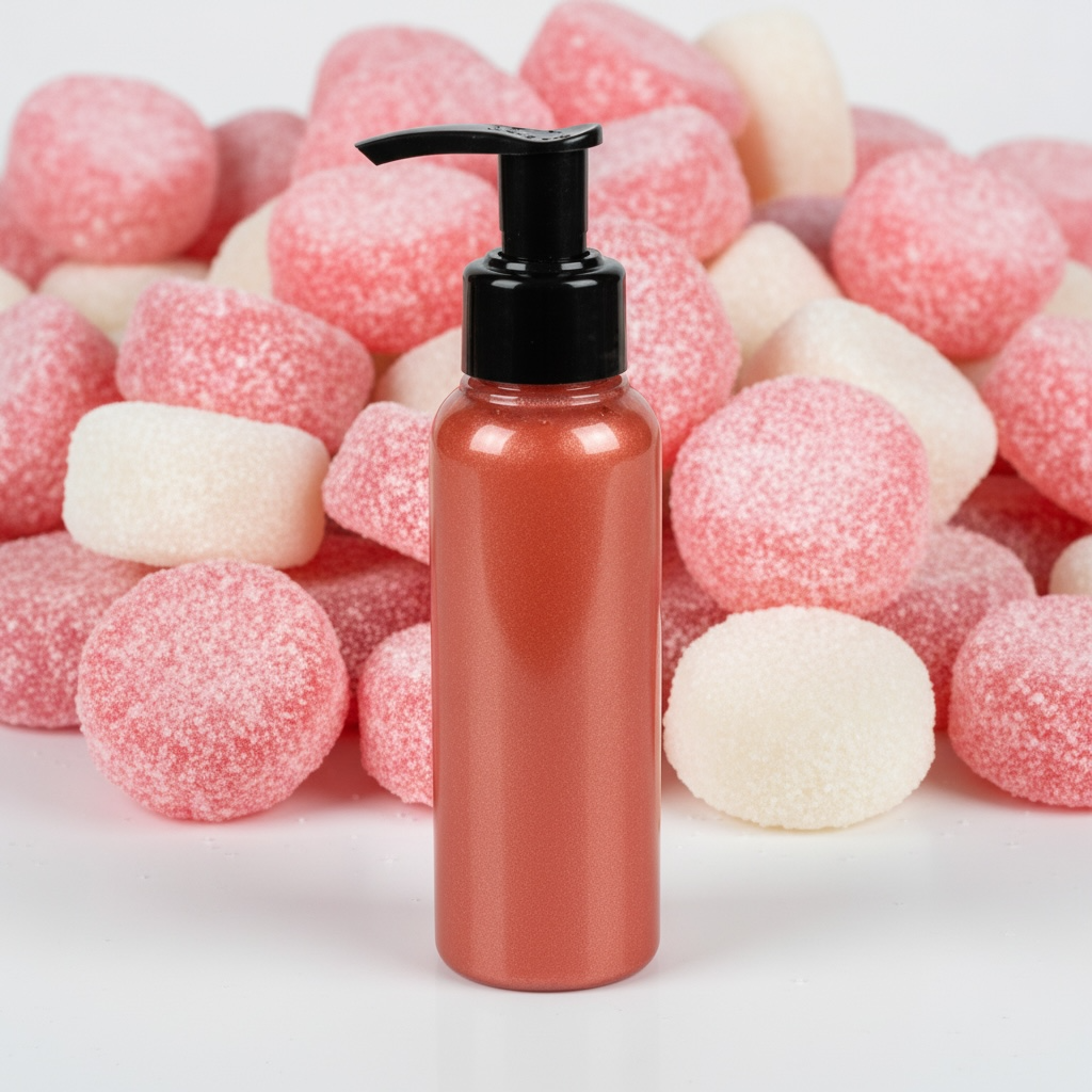 Red bottle with black pump against a background of pink and white sweets