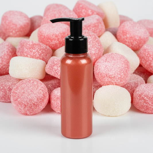 Red bottle with black pump against a background of pink and white sweets