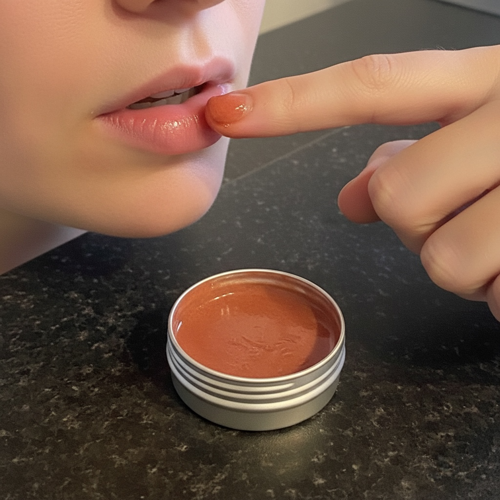 A close-up of a person applying a red strawberrylip balm from a small round metal tin onto their finger, with the balm tin resting on a dark speckled countertop.