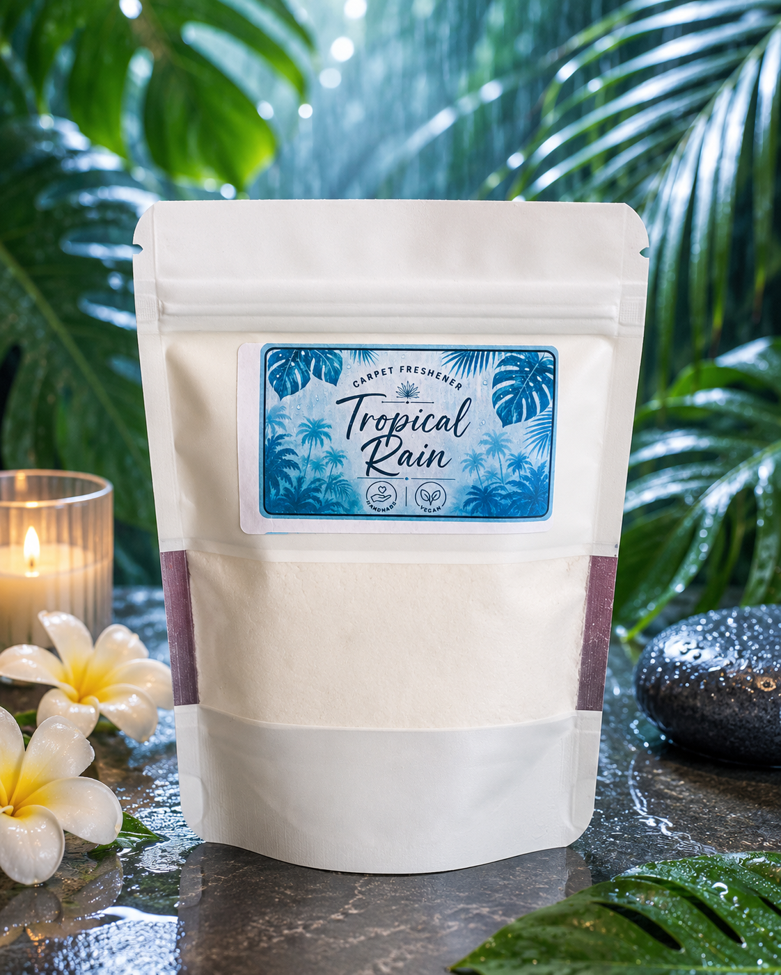 A bag of Tropical Rain Carpet Freshener 