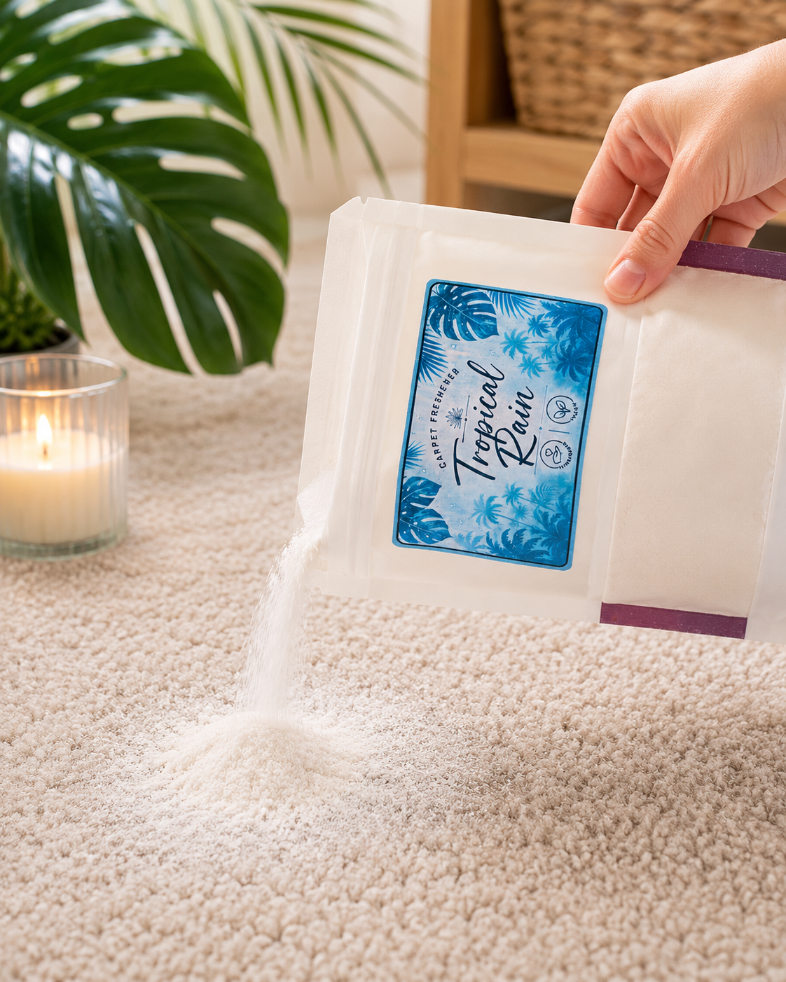 A hand holds a clear resealable pouch labeled Tropical Rain, pouring white resin powder onto a beige carpet in a styled indoor setting with a lit candle and green plant in the background.