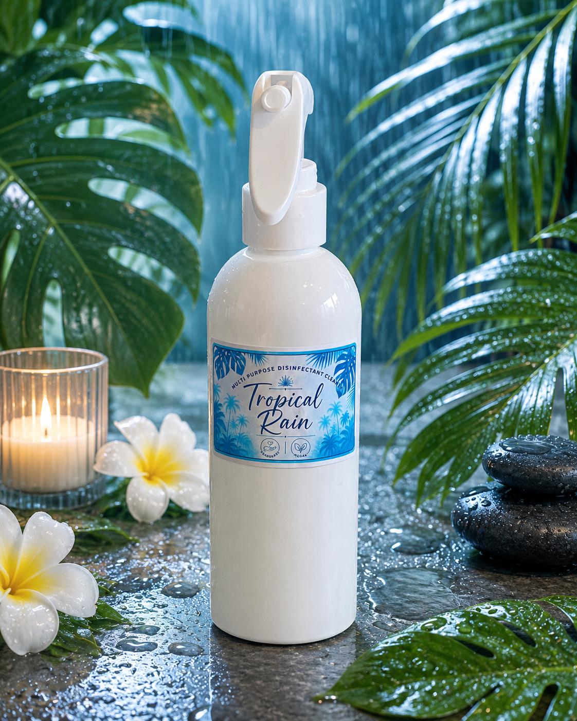 A white spray bottle labeled Tropical Rain, styled on a wet stone surface with tropical leaves, white flowers, a candle, and stacked stones.
