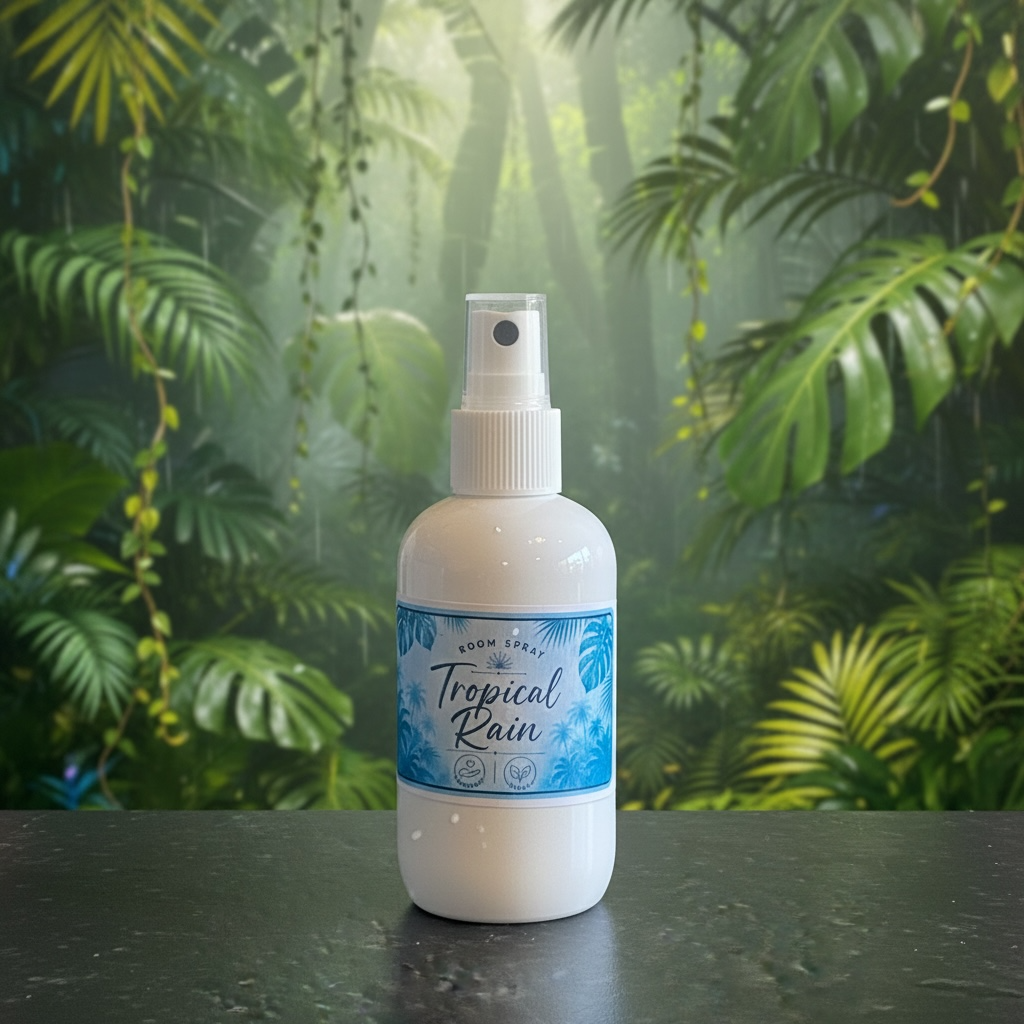 A white spray bottle labeled 'Tropical rain' with blue tropical leaf graphics, standing on a dark surface in front of a lush green jungle backdrop.