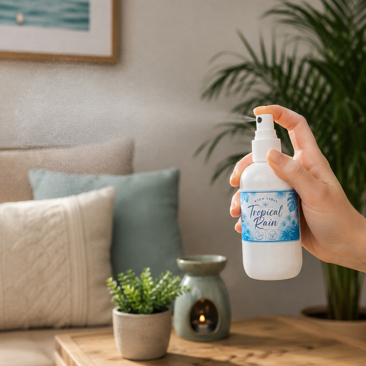 A hand holds a white spray bottle labeled Tropical Rain mist in front of a softly blurred living room background with pillows, a plant, and a small candle holder.