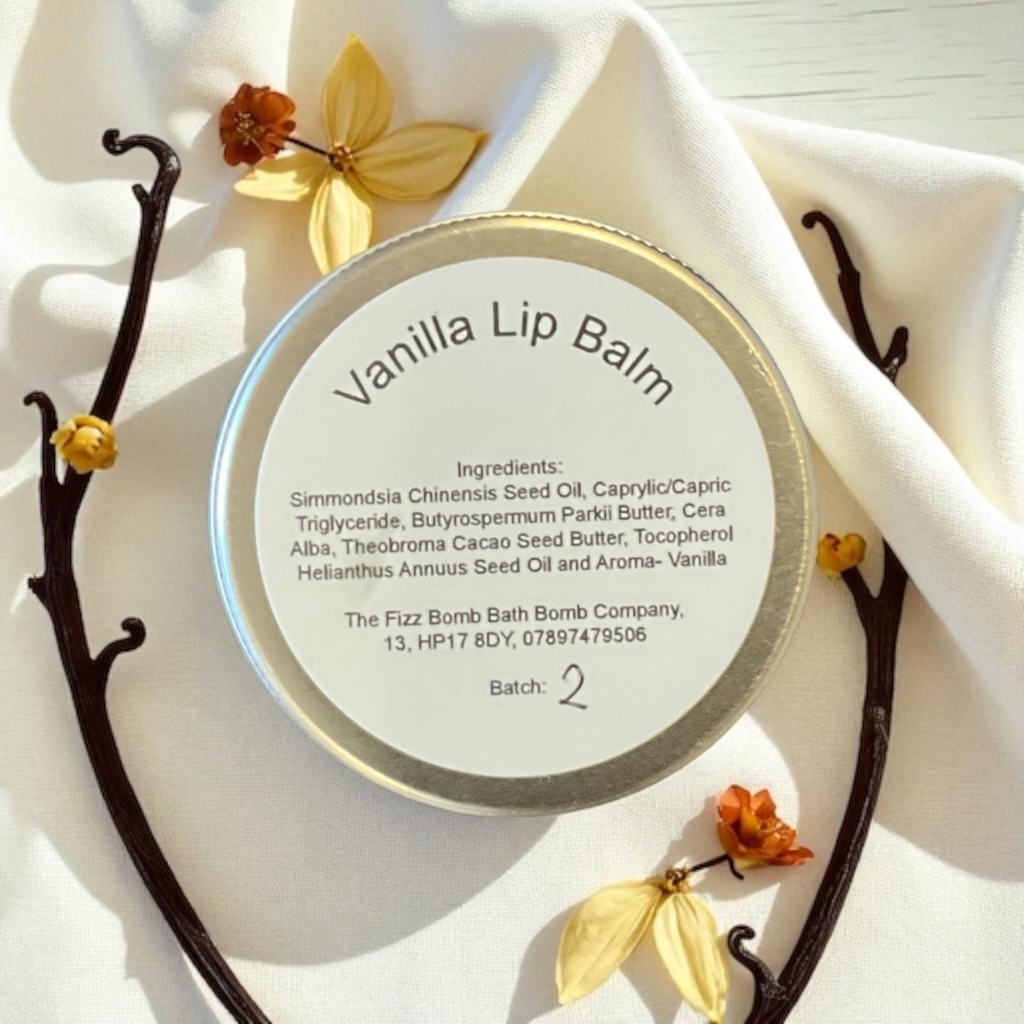 A handmade vanilla flavoured lip balm
