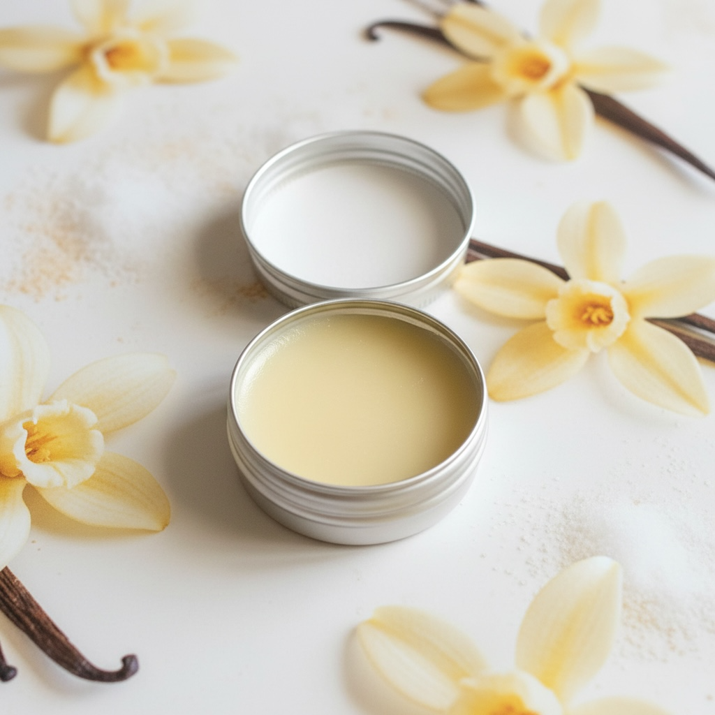A metal tin of lip gloss on a surface with vanilla flowers and pods.