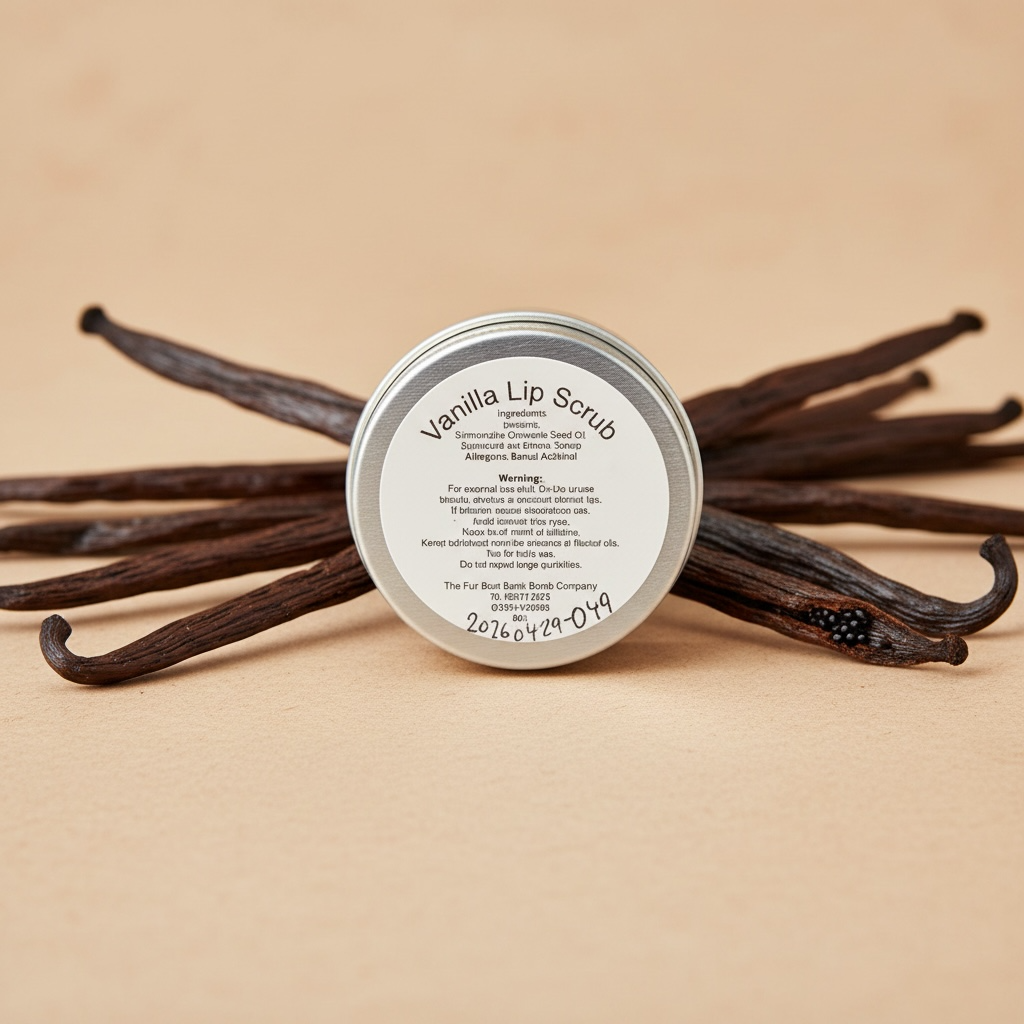 A tin of lip scrub with a vanilla beans background