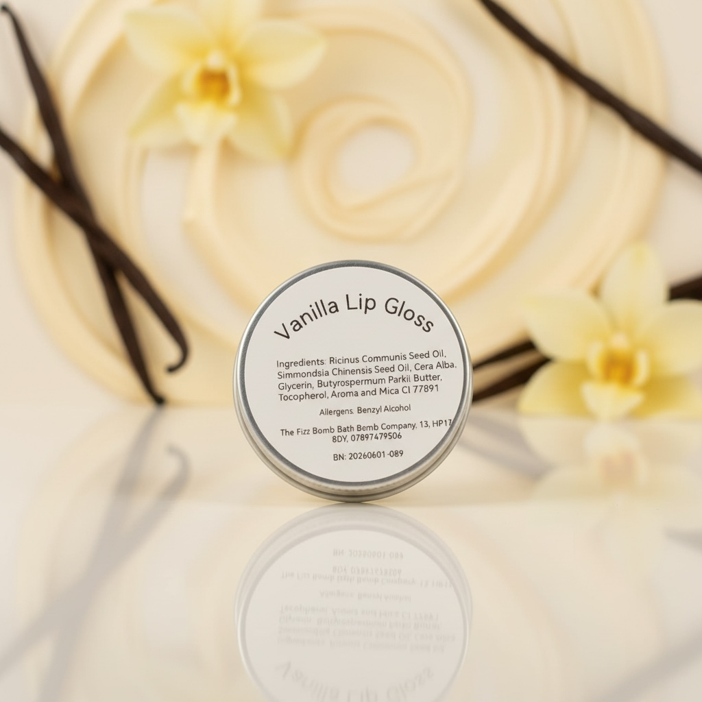 Vanilla lip gloss container with vanilla flowers and vanilla beans in the background